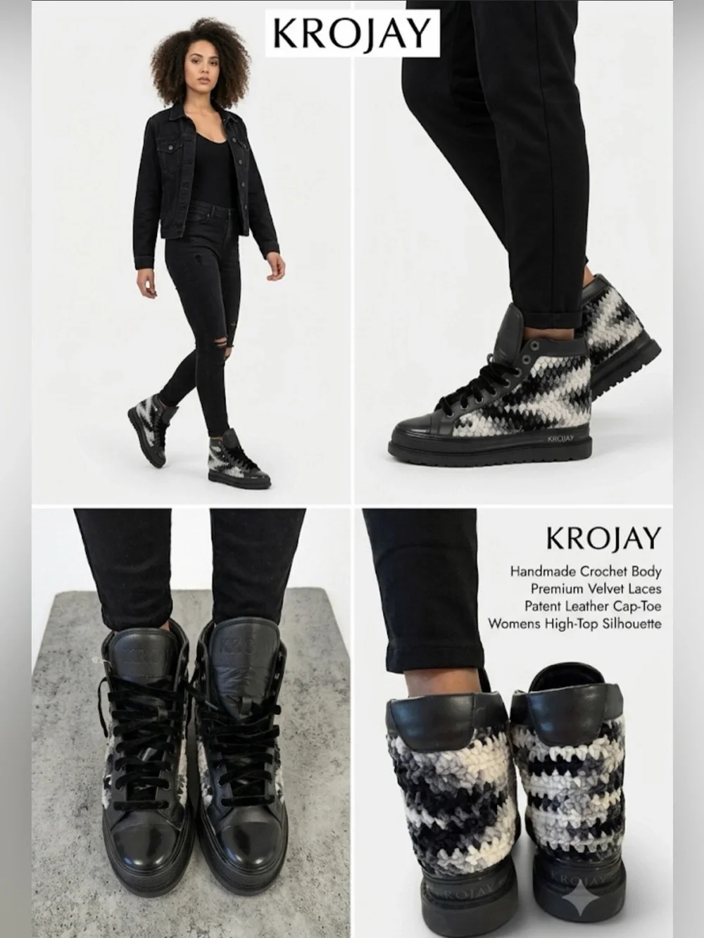 Krojay Onyx Women's Handmade Crochet & Leather High-Top Platform Sneakers Size10